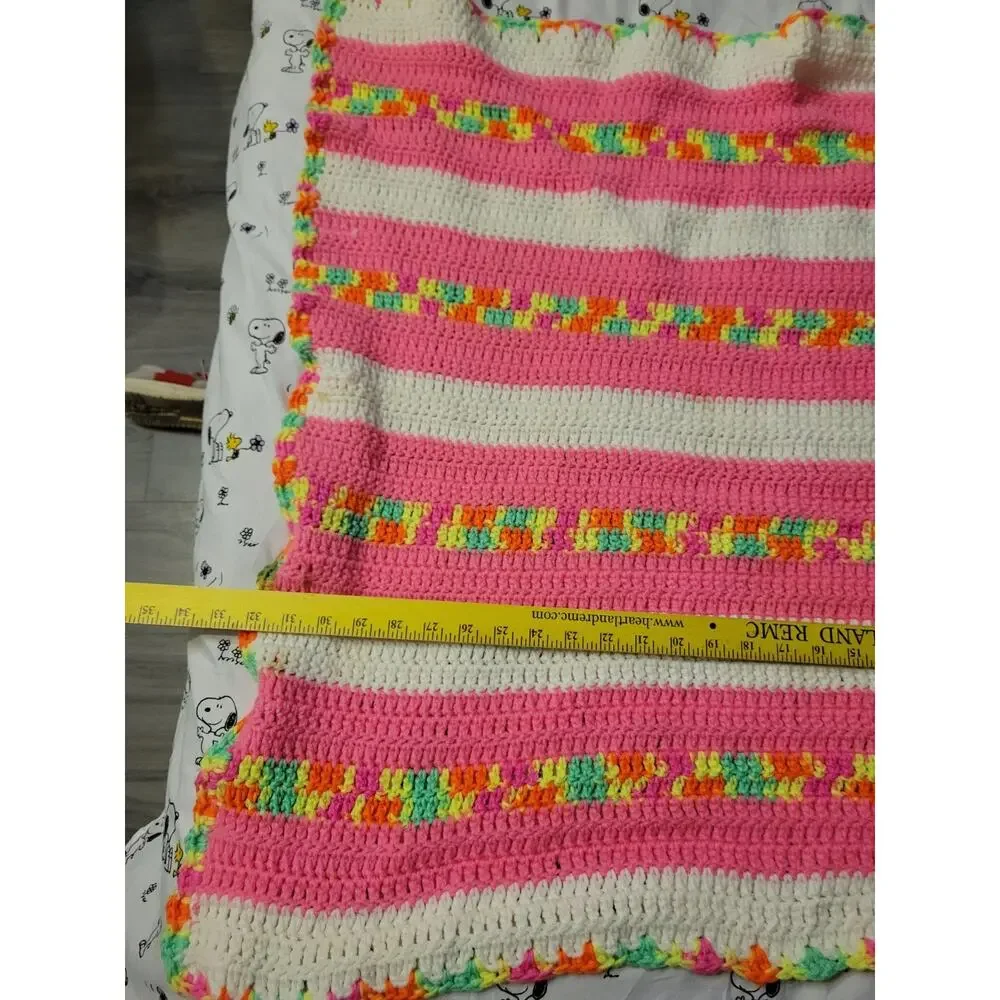 Vtg Hand-Crocheted Baby Crib Quilt Blanket Nursery Decor Swaddling Wrap Neon Pin
